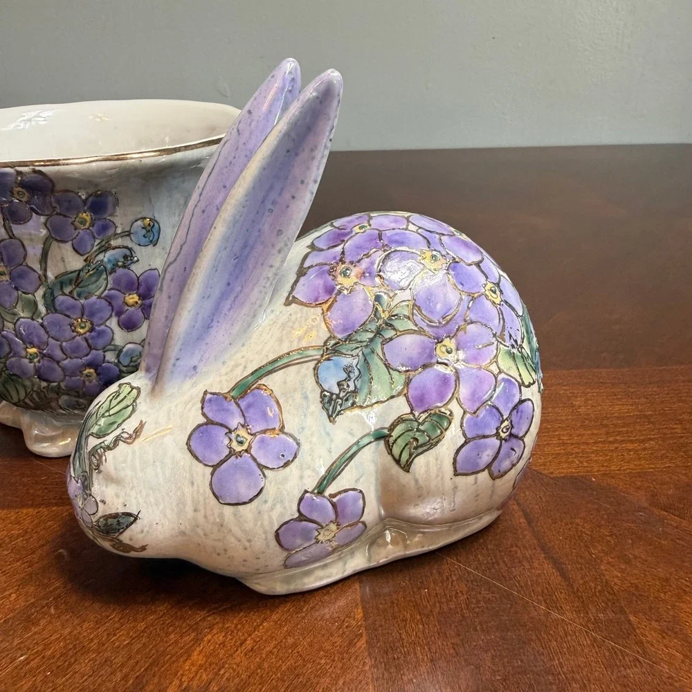Purple‎ Floral Ceramic Decor Set  Vase Rabbit Egg Gold Trim Chinoiserie